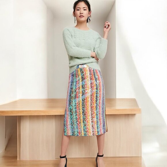Anthropologie Maeve Rainbow Sequined Midi Skirt - Picture 1 of 9
